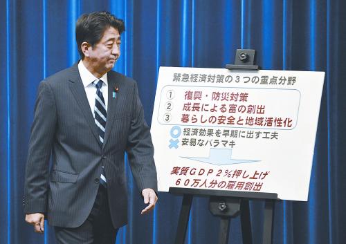 日本首相安倍晉三11日出席記者會(huì)。當(dāng)天，安倍內(nèi)閣通過(guò)了超過(guò)20萬(wàn)億日元的經(jīng)濟(jì)刺激計(jì)劃。