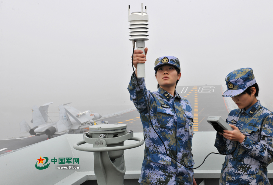 飛行前氣象值班女艦員進行風力參數測定。本網通訊員 王松岐 攝